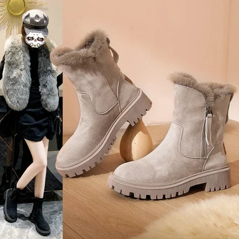 Women’s Mid-Calf Boots – Faux Fur Lined With Suede-Style Upper and Chunky Sole for Fall and Winter