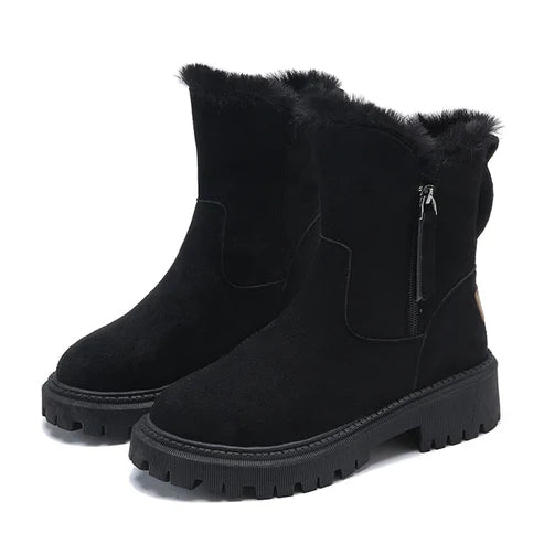 Women’s Mid-Calf Boots – Faux Fur Lined With Suede-Style Upper and Chunky Sole for Fall and Winter