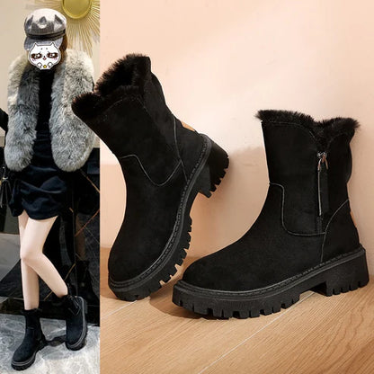 Women’s Mid-Calf Boots – Faux Fur Lined With Suede-Style Upper and Chunky Sole for Fall and Winter