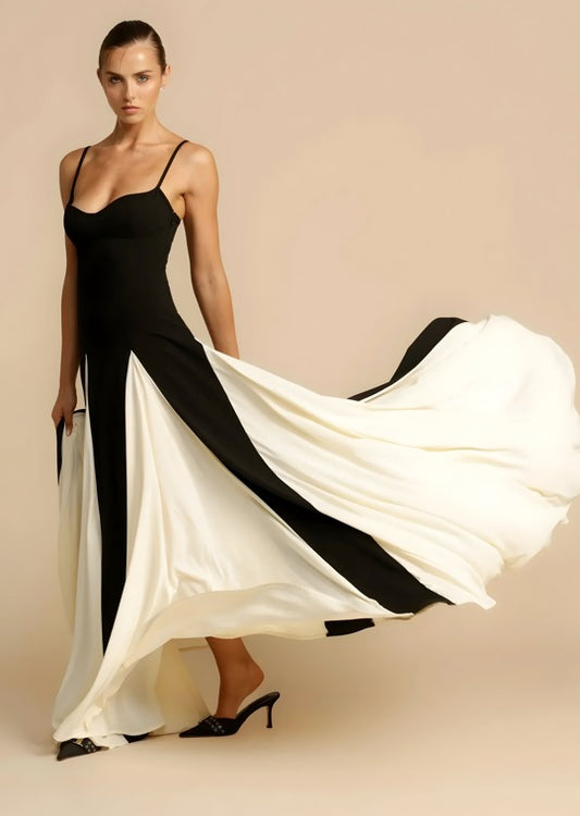 Two-Tone Pleated Panel Gown