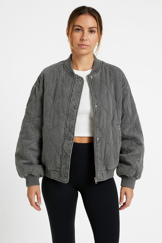 Fall Wave-Quilt Bomber Jacket