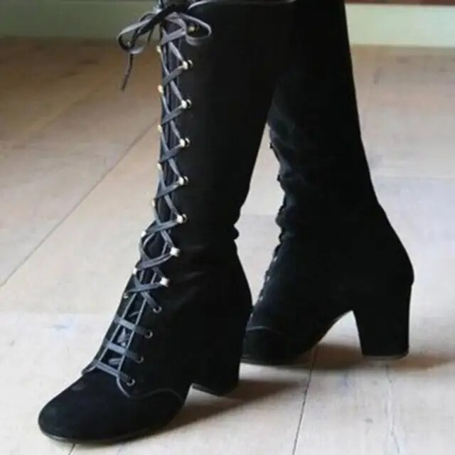 Lace-Up Heeled Knee-High Boots
