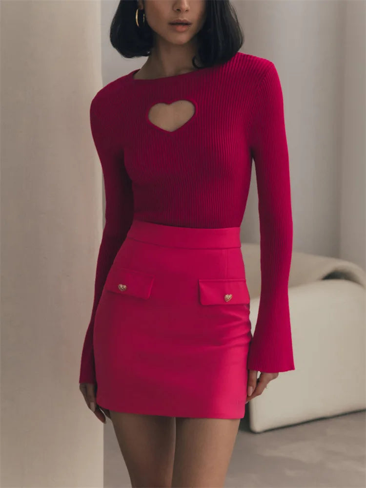 Fall Heart Cutout Ribbed Sweater