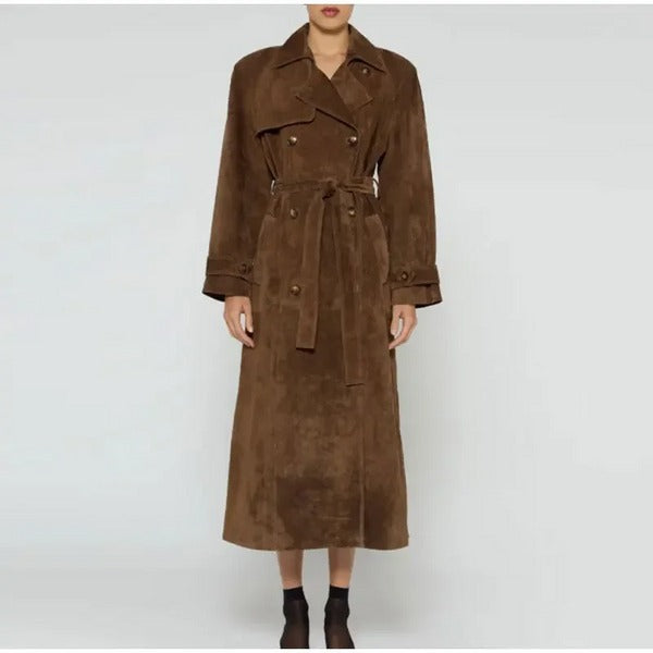 Double-Breasted Suede Trench Coat For Fall