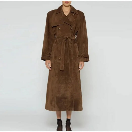 Double-Breasted Suede Trench Coat For Fall