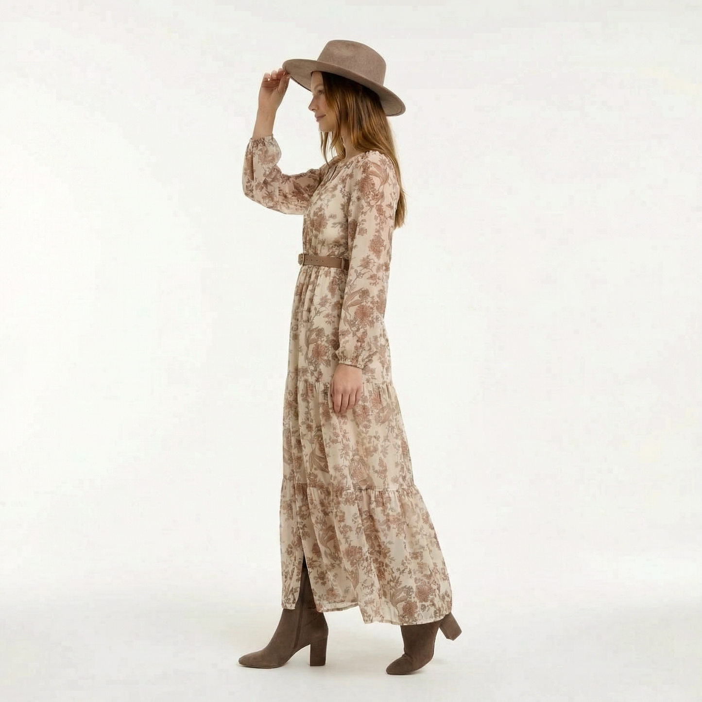 Coconut Floral Maxi Dress - V-Neck, Smocked Waist, Sheer Sleeves