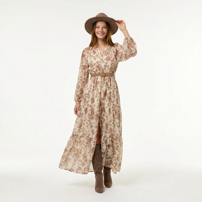 Coconut Floral Maxi Dress - V-Neck, Smocked Waist, Sheer Sleeves