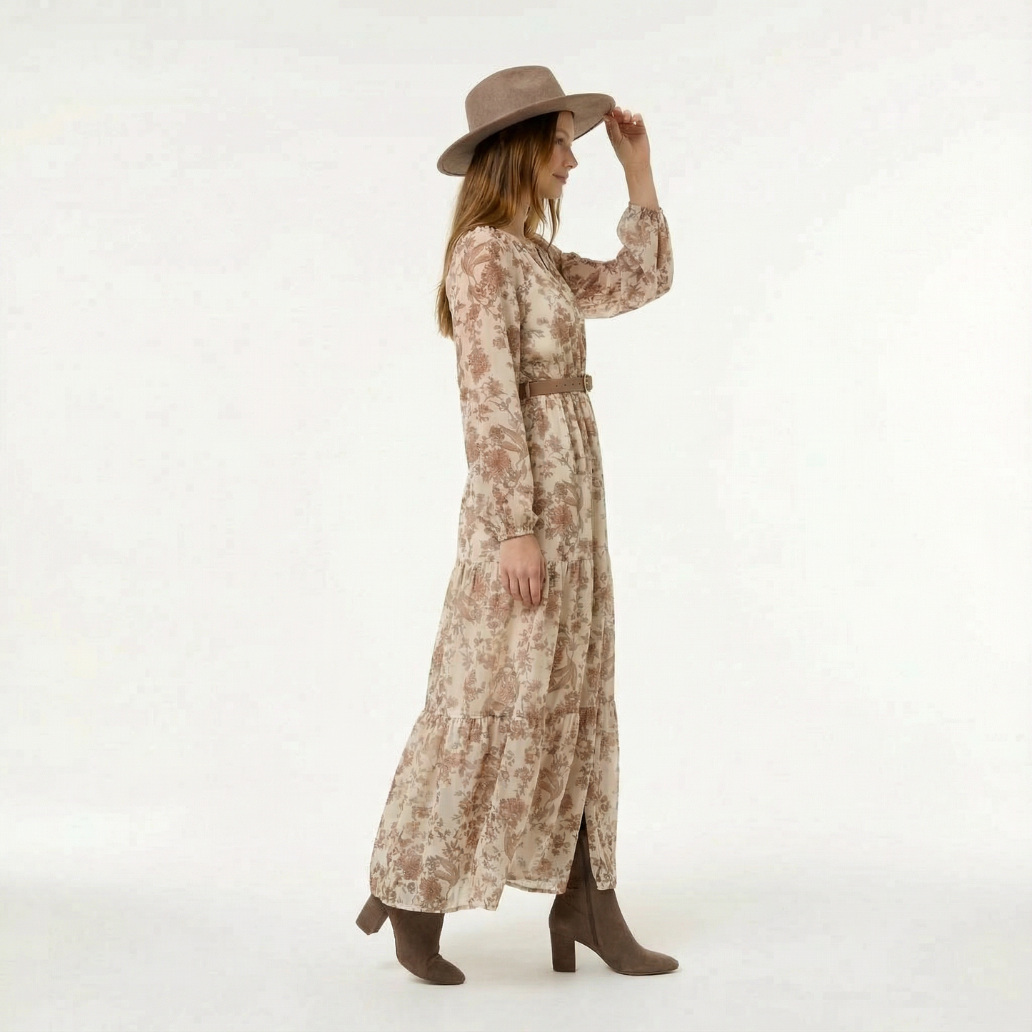 Coconut Floral Maxi Dress - V-Neck, Smocked Waist, Sheer Sleeves