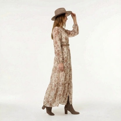 Coconut Floral Maxi Dress - V-Neck, Smocked Waist, Sheer Sleeves