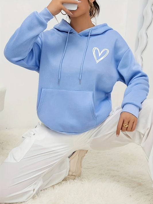 Women’s Pullover Hoodie – Long Sleeve With Kangaroo Pocket and Heart Chest Graphic for Fall Layering
