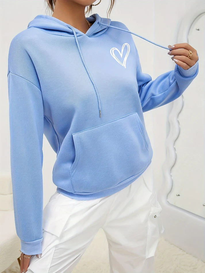 Women’s Pullover Hoodie – Long Sleeve With Kangaroo Pocket and Heart Chest Graphic for Fall Layering