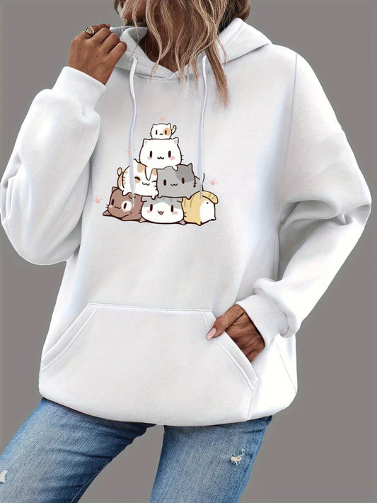 Women’s Pullover Hoodie – Cartoon Cat Graphic With Kangaroo Pocket for Fall Layering