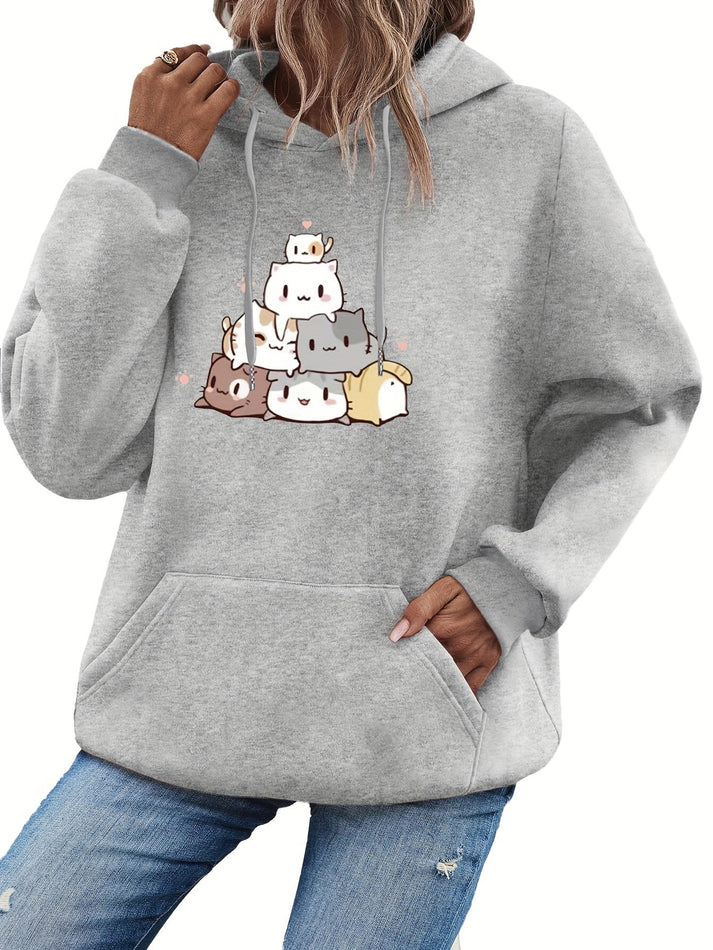 Women’s Pullover Hoodie – Cartoon Cat Graphic With Kangaroo Pocket for Fall Layering