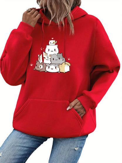 Women’s Pullover Hoodie – Cartoon Cat Graphic With Kangaroo Pocket for Fall Layering