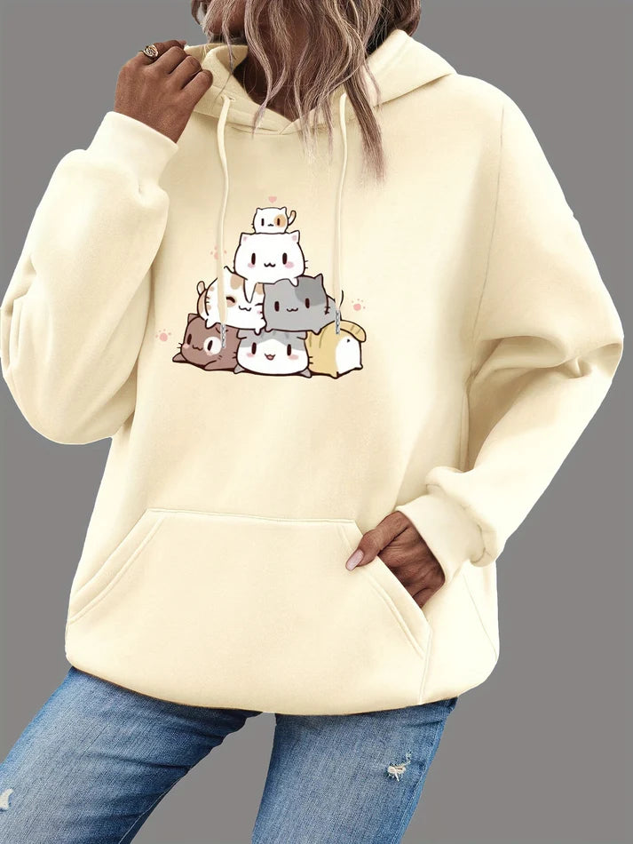 Women’s Pullover Hoodie – Cartoon Cat Graphic With Kangaroo Pocket for Fall Layering