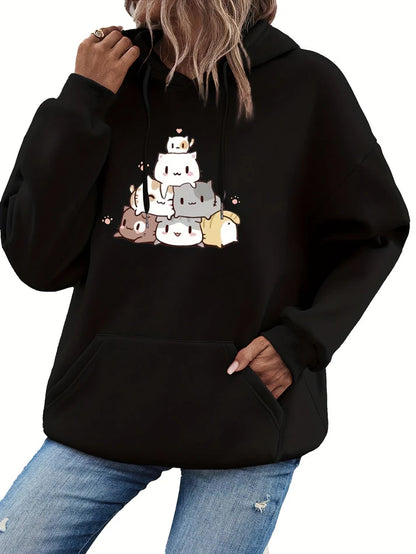 Women’s Pullover Hoodie – Cartoon Cat Graphic With Kangaroo Pocket for Fall Layering