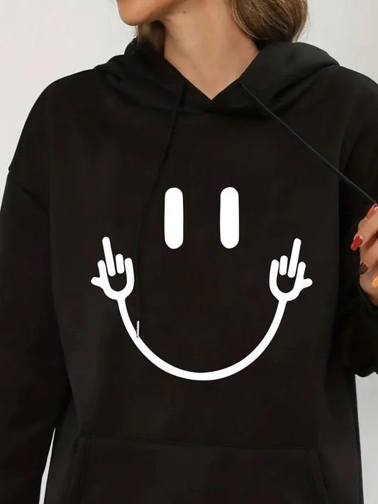 Women’s Graphic Pullover Hoodie – Long Sleeve With Smiley Face Print and Kangaroo Pocket for Fall Layering