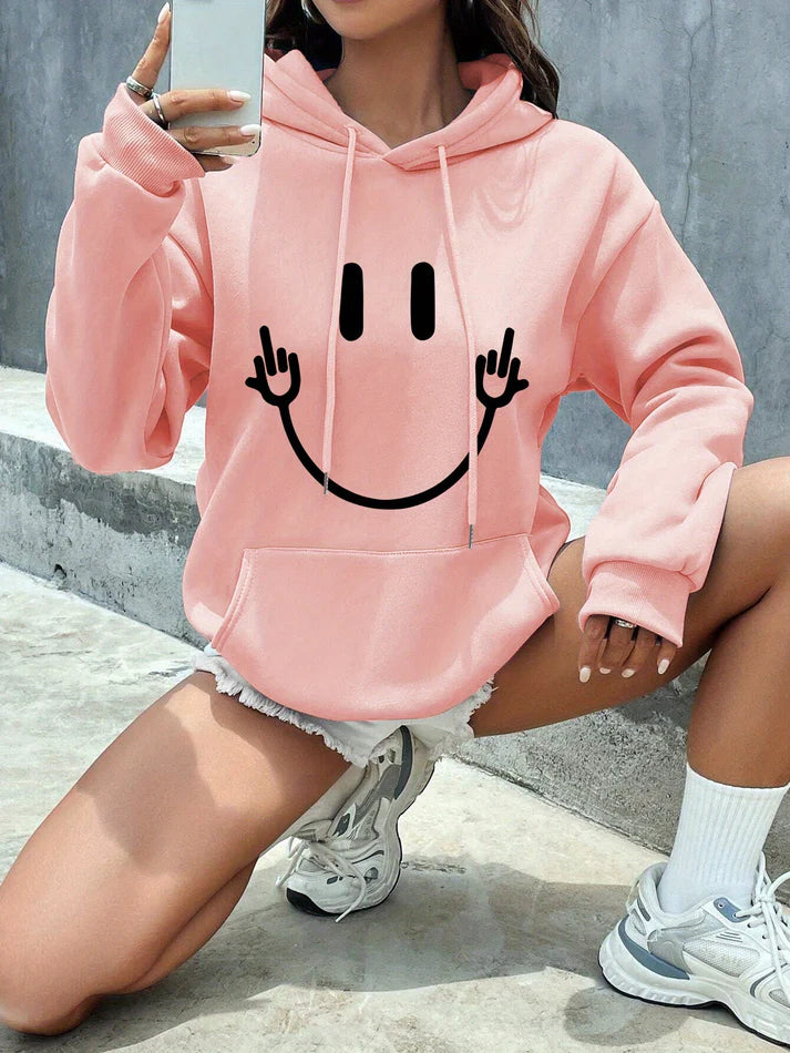 Women’s Graphic Pullover Hoodie – Long Sleeve With Smiley Face Print and Kangaroo Pocket for Fall Layering