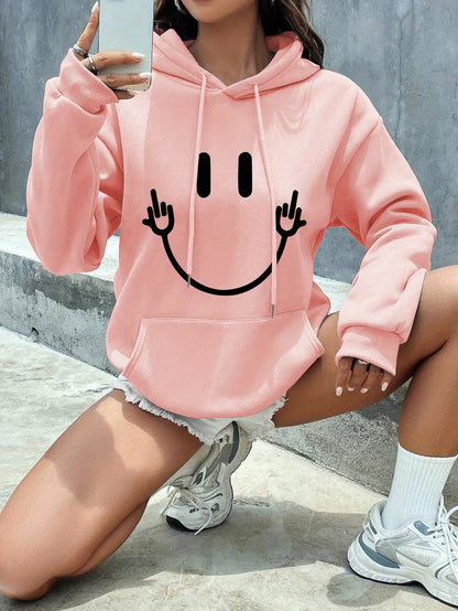 Women’s Graphic Pullover Hoodie – Long Sleeve With Smiley Face Print and Kangaroo Pocket for Fall Layering