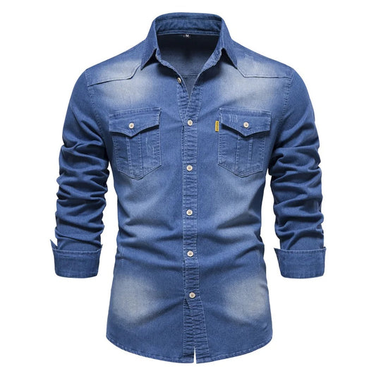 Men’s Denim Button-Up Shirt - Durable Fabric, Classic Fit