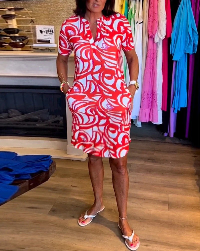 V-Neck Printed Summer Dress - Loose A-Line Fit, Lightweight Stretch Fabric