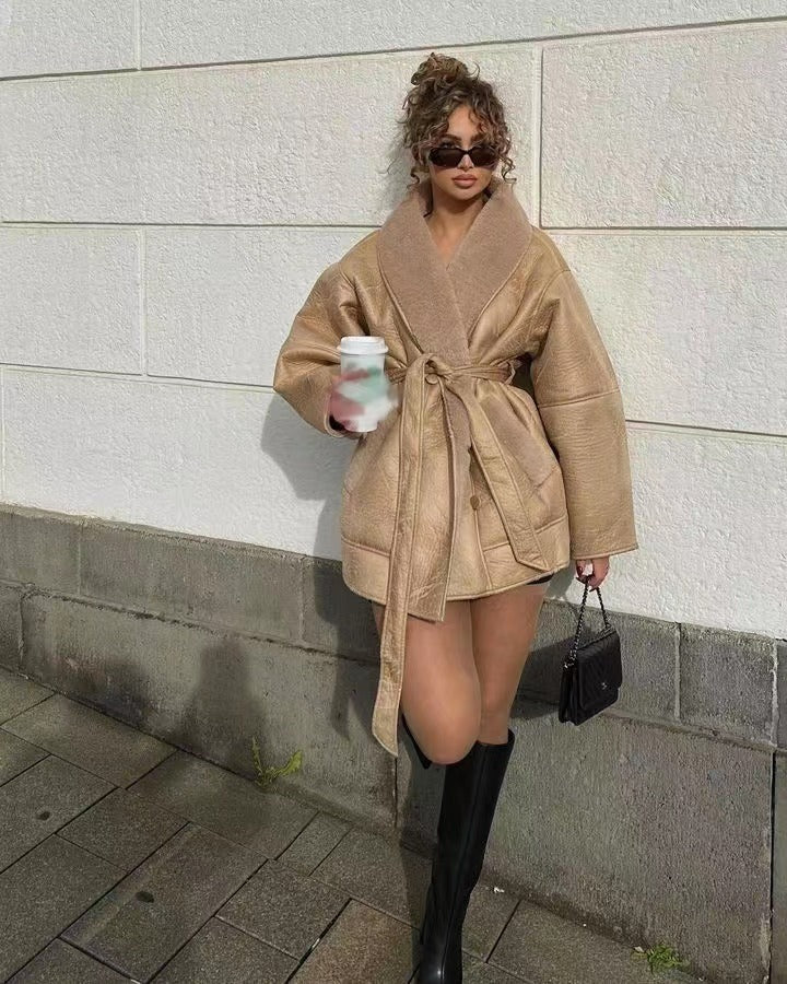 Belted Shearling Wrap Coat For Fall