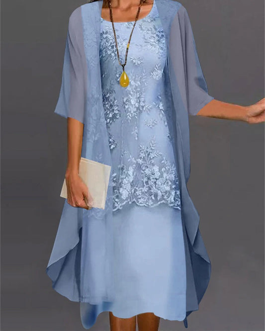 Embroidered Midi Dress & Sheer Cape Set