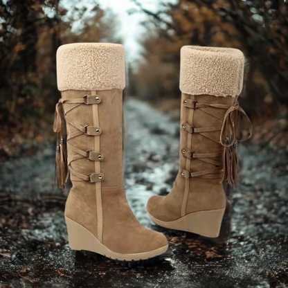 Fall Wedge Knee-High Boots with Shearling Cuff