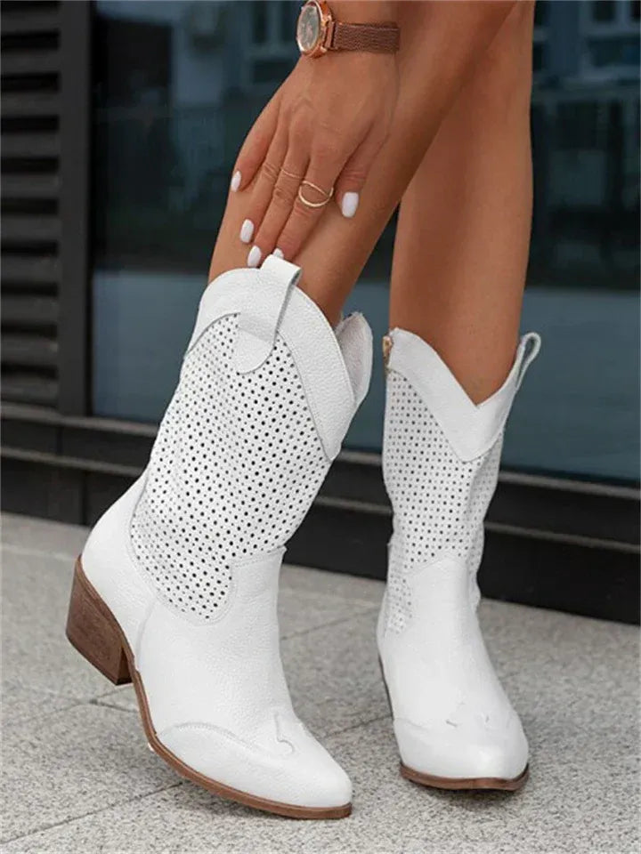 Perforated Western Mid-Calf Boots for Fall