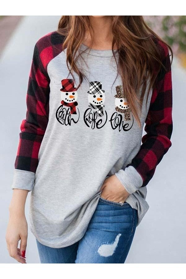 Plaid Sleeve Snowman Graphic Sweatshirt