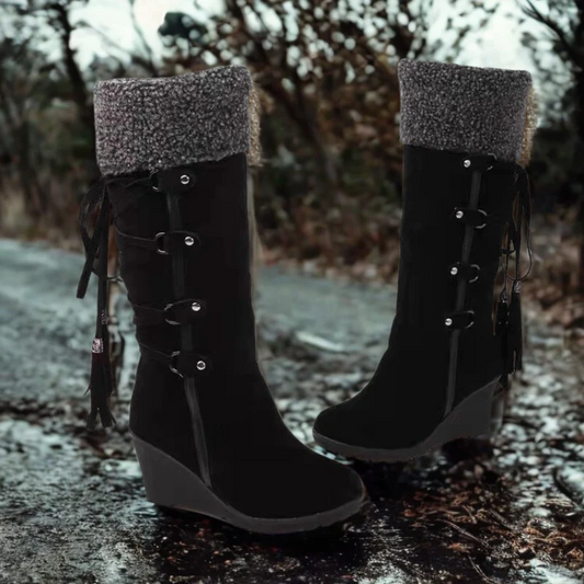 Fall Wedge Knee-High Boots with Shearling Cuff