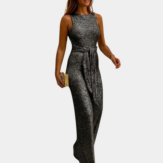 Sleeveless Glitter Belted Jumpsuit
