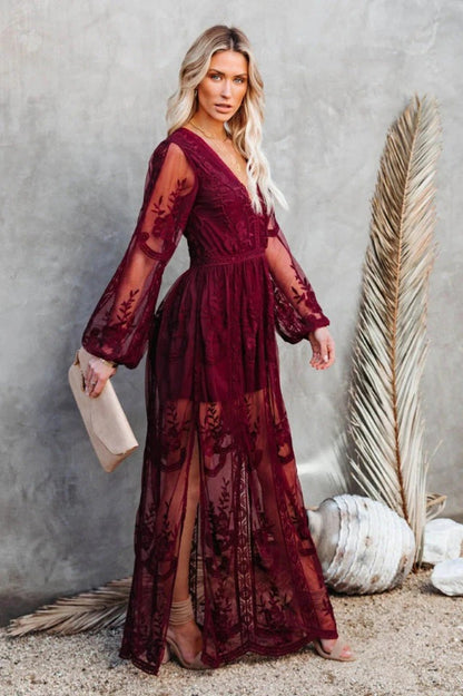Lace Maxi Dress - Boho Style, Deep V Neck, High Slit