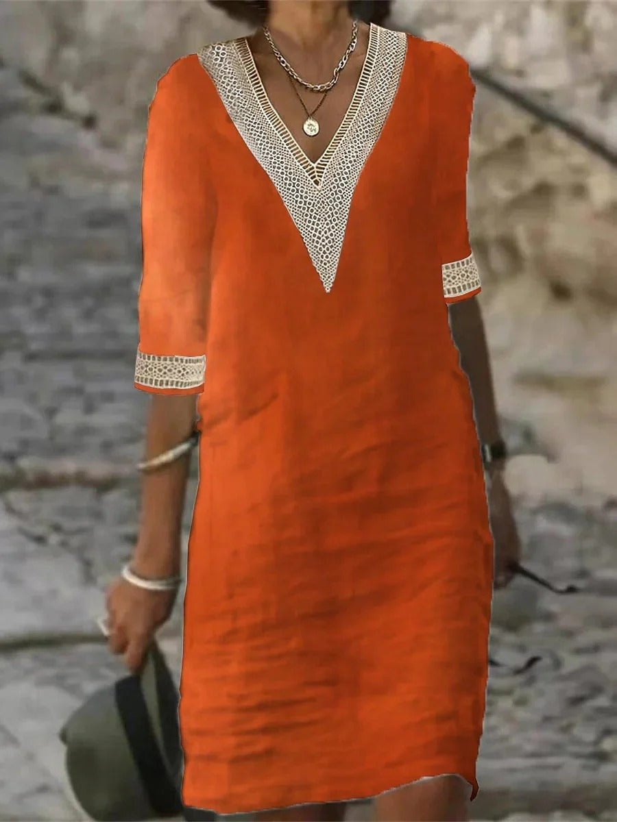 Crochet Trim Linen Shift Dress