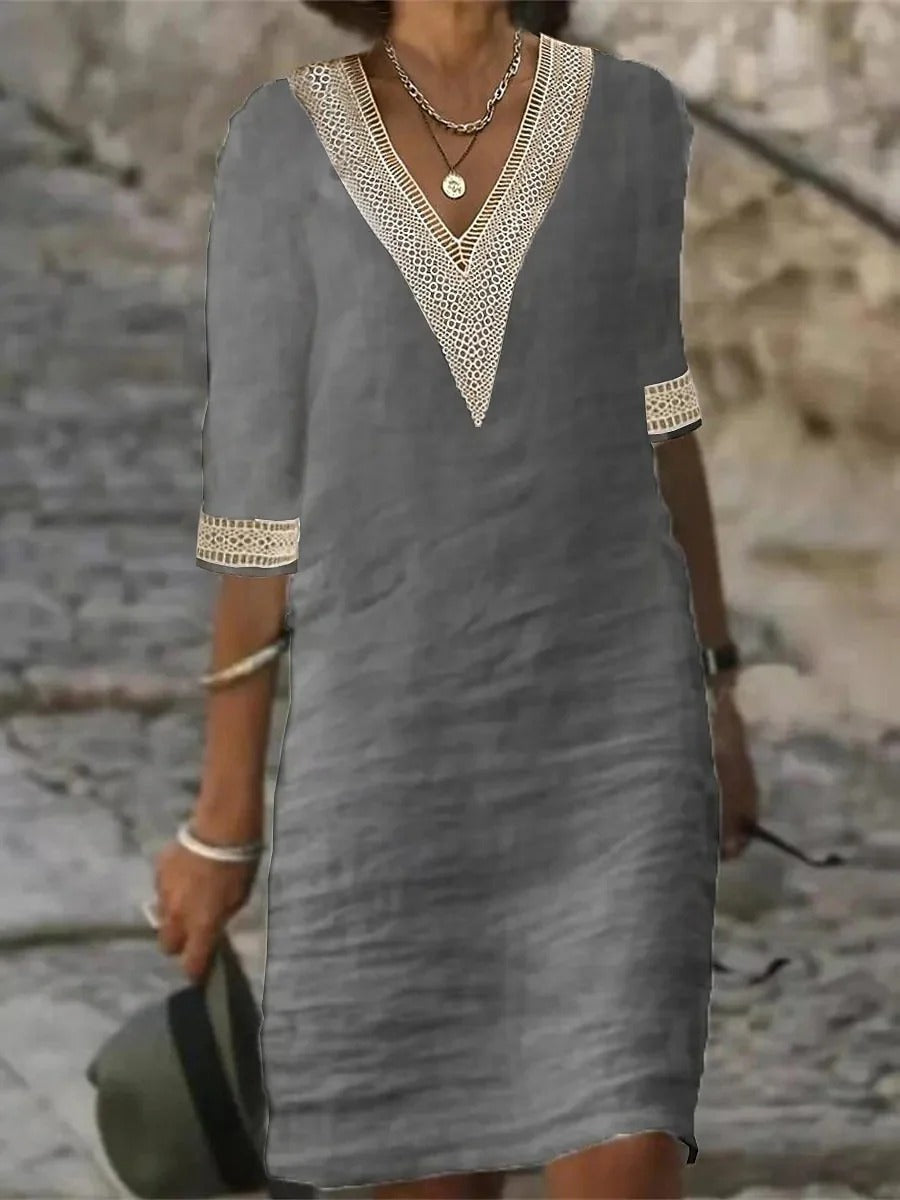 Crochet Trim Linen Shift Dress