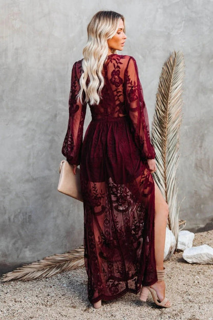 Lace Maxi Dress - Boho Style, Deep V Neck, High Slit