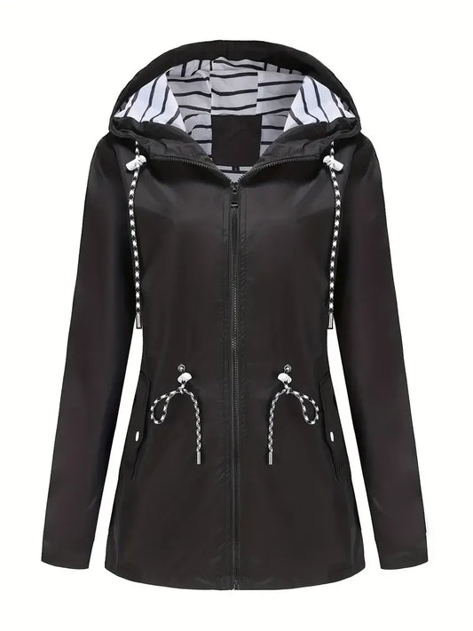 Fall Striped-Lined Zip Hooded Jacket