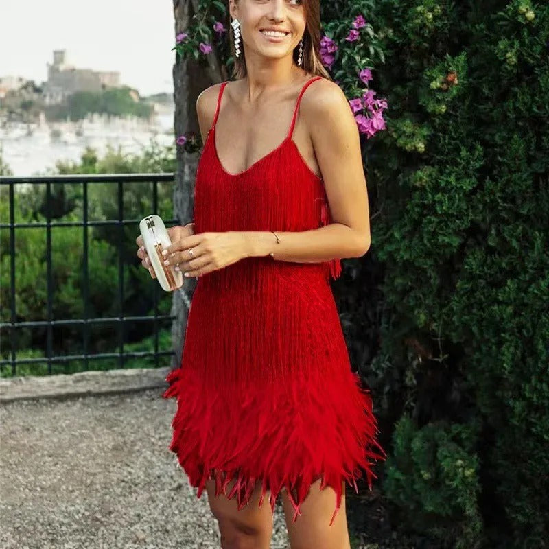 Fringe Feather Cocktail Dress - Flattering Fit, Elegant Silhouette