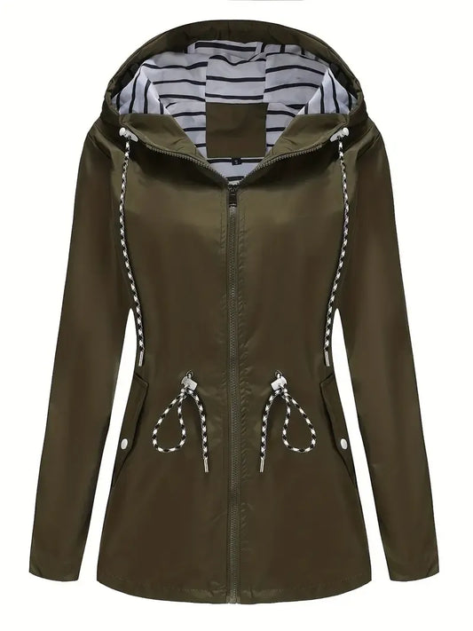 Striped-Lined Zip Hooded Jacket