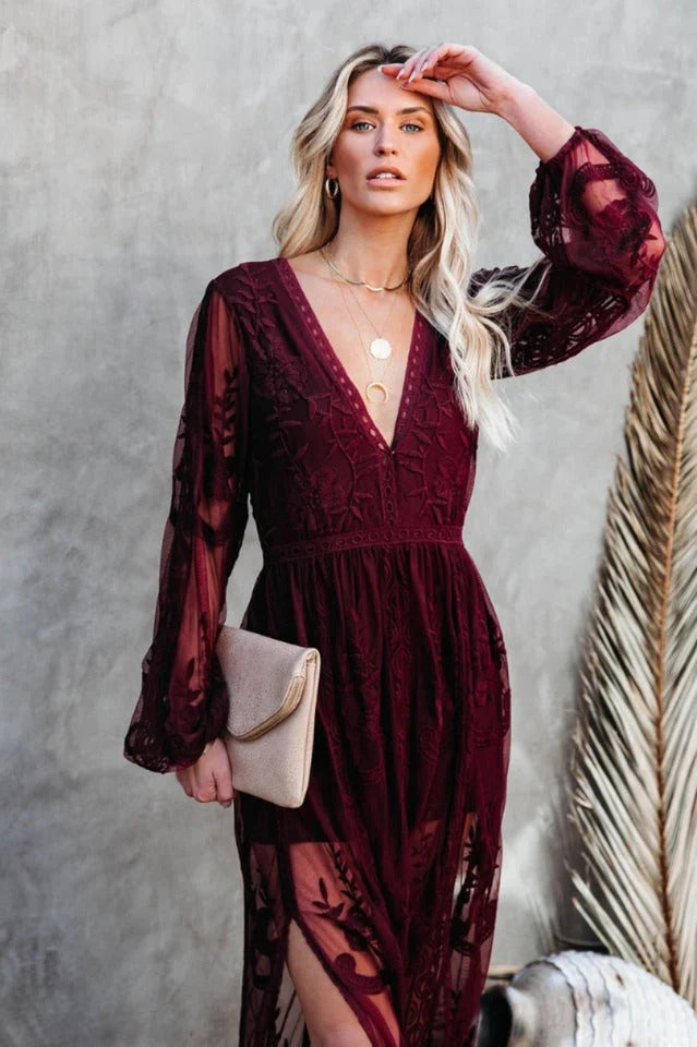 Lace Maxi Dress - Boho Style, Deep V Neck, High Slit