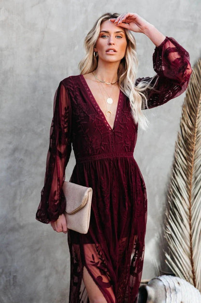 Lace Maxi Dress - Boho Style, Deep V Neck, High Slit