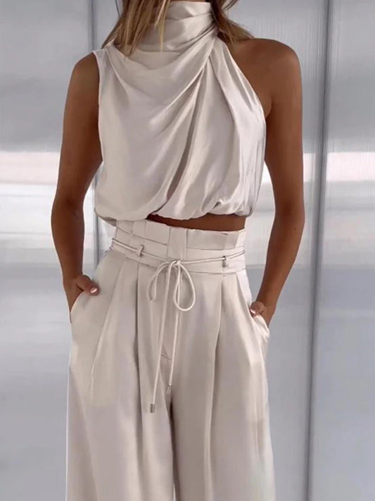 Draped Halter Crop Top and High-Waist Trousers Set