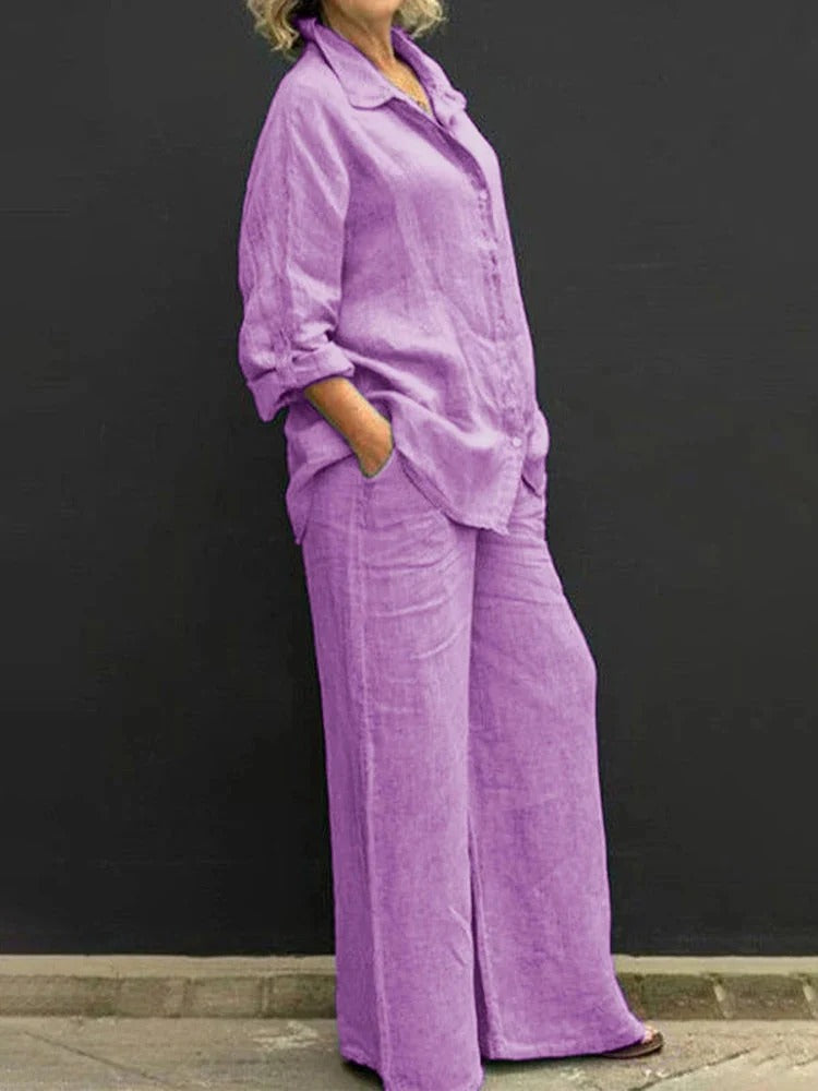 Relaxed Button Shirt and Wide-Leg Pants Set