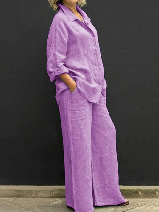 Relaxed Button Shirt and Wide-Leg Pants Set