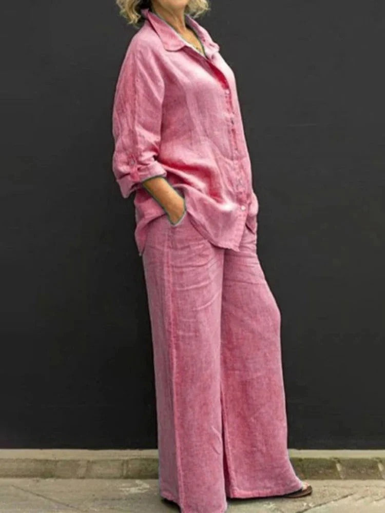 Relaxed Button Shirt and Wide-Leg Pants Set