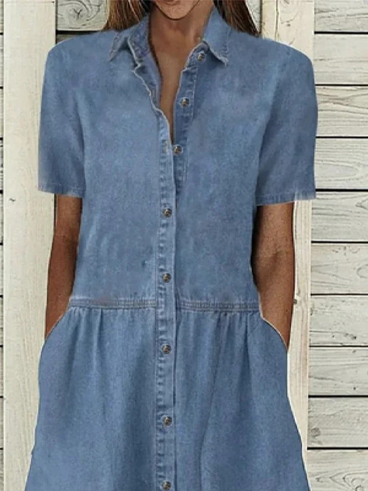 Denim Look Button-Front Dress - A-Line Empire Waist, Side Pockets