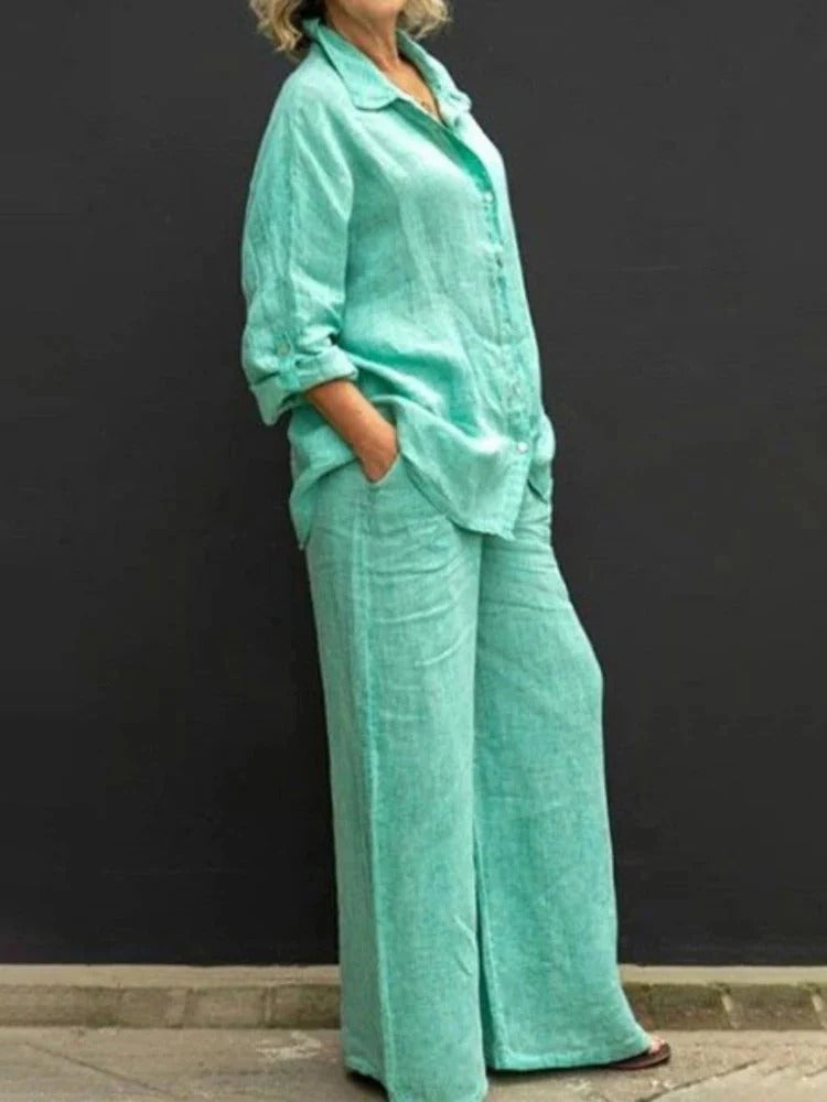 Relaxed Button Shirt and Wide-Leg Pants Set