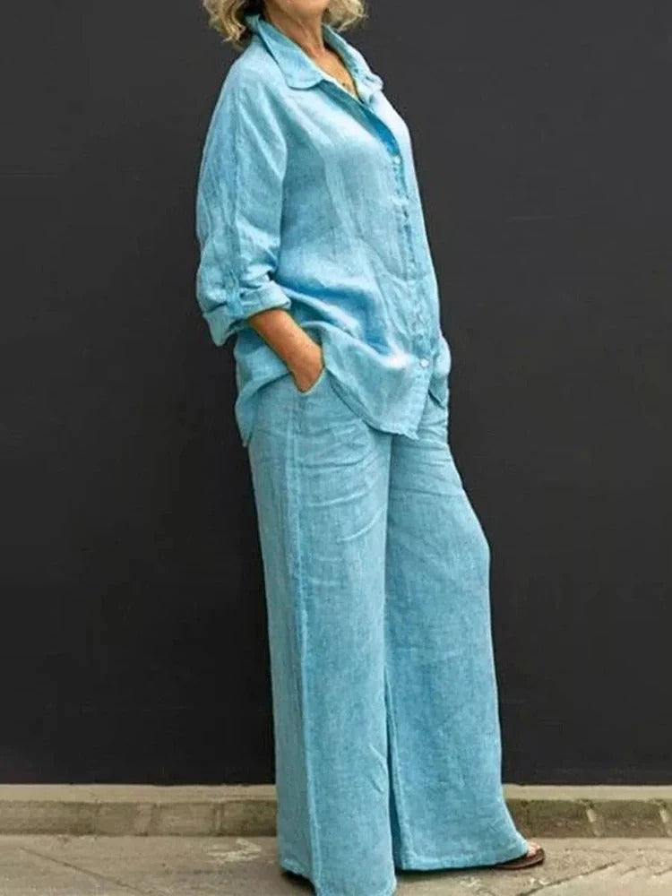 Relaxed Button Shirt and Wide-Leg Pants Set