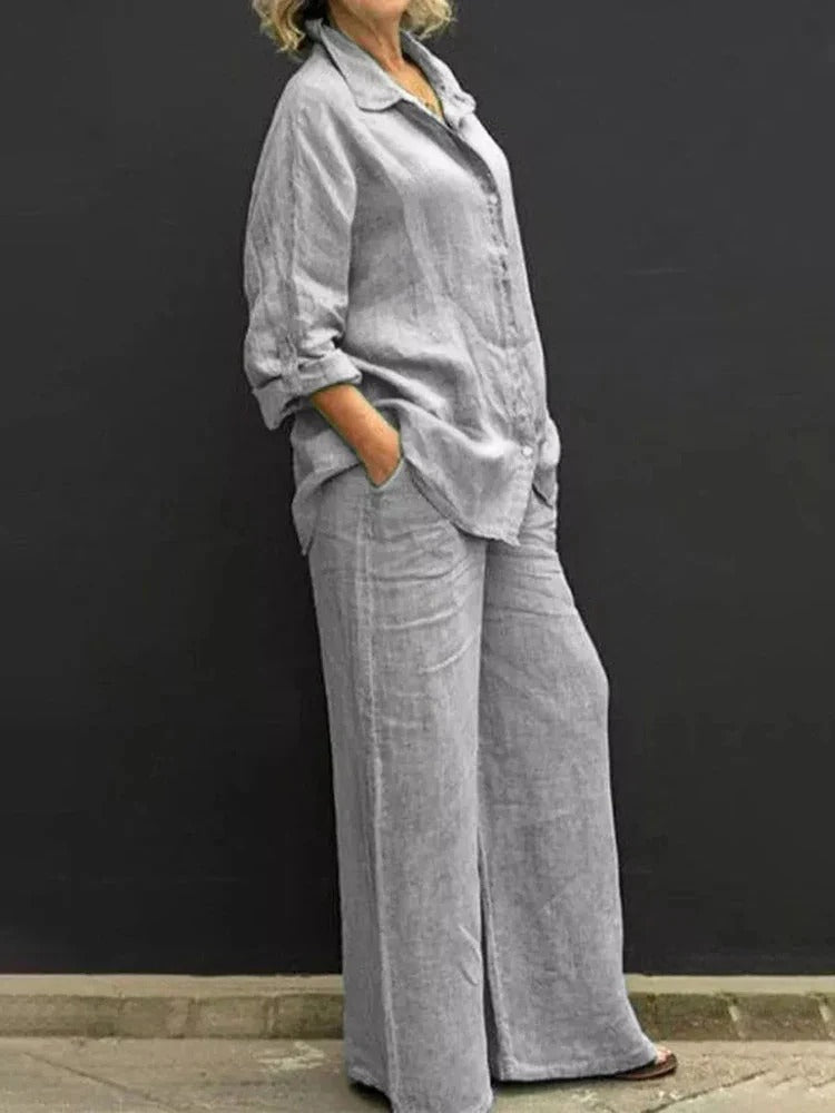 Relaxed Button Shirt and Wide-Leg Pants Set