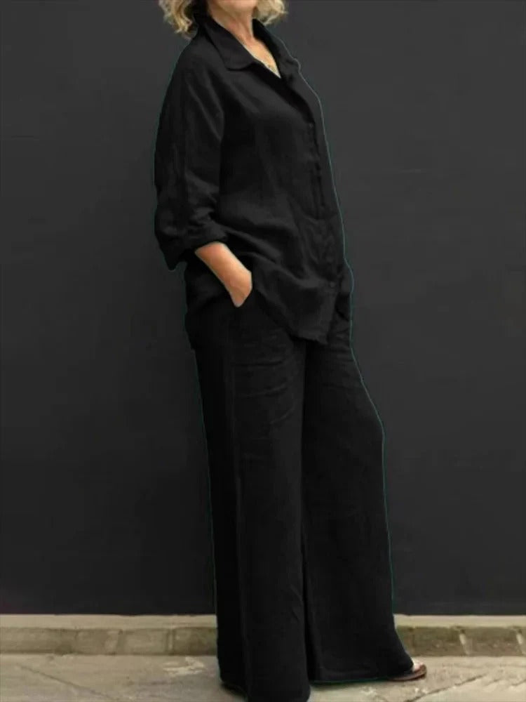 Relaxed Button Shirt and Wide-Leg Pants Set